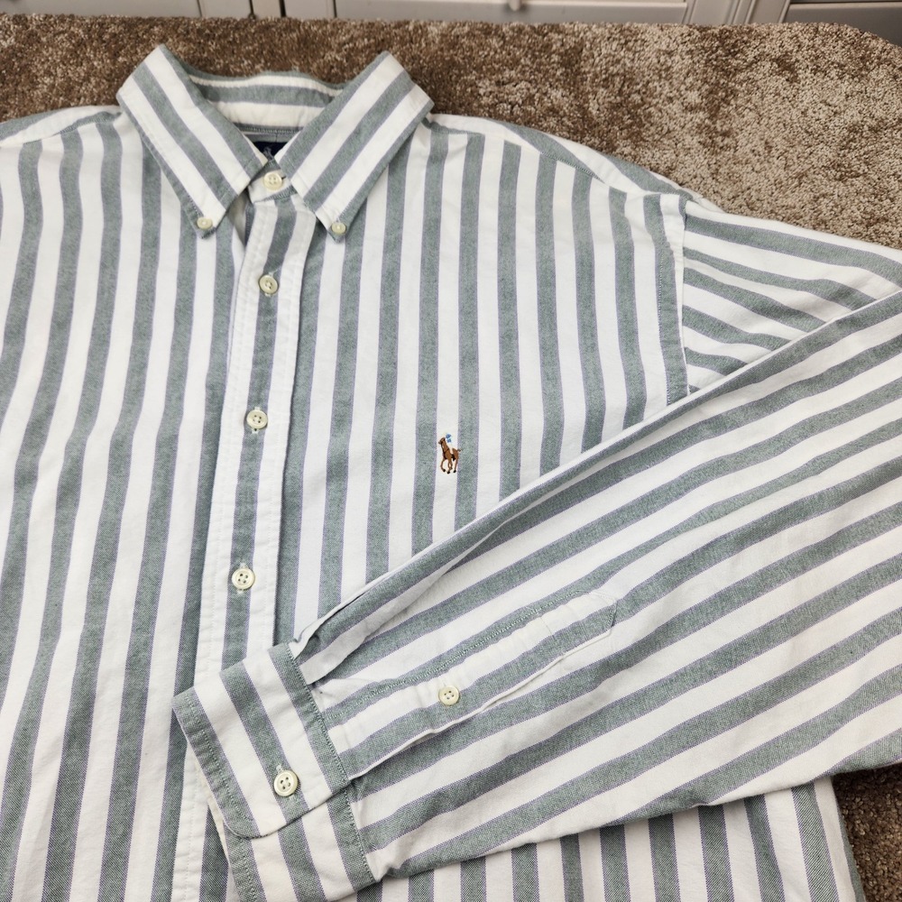 Ralph Lauren Yarmouth Mens 17.5 36 Green White Striped Cotton Oxford Shirt